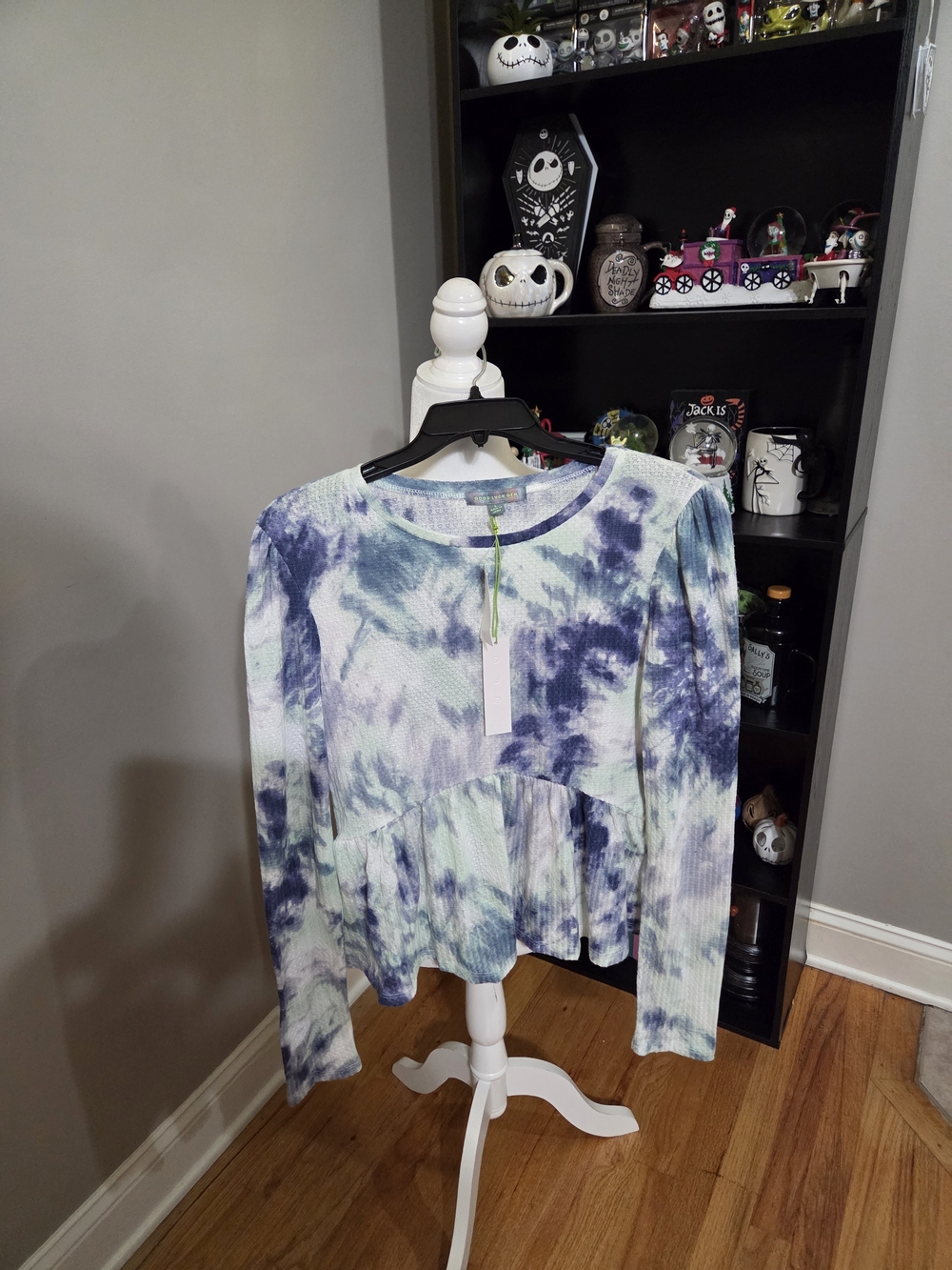 Good Luck Gem Tie-Dye Peplum Long Sleeve Top - Blue & Green
